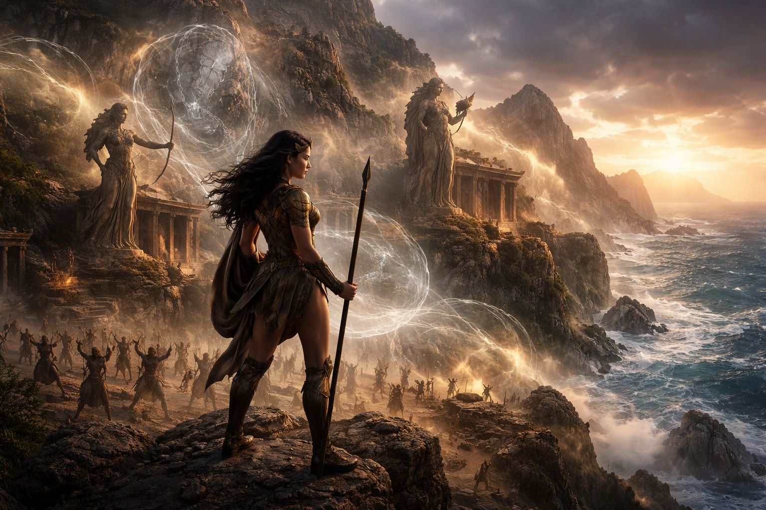 A cinematic visualization of archaic Bronze Age Themyscira during the Wonder Woman: Themyscira Ancient Days lore reset, showing youthful Diana and training warriors.