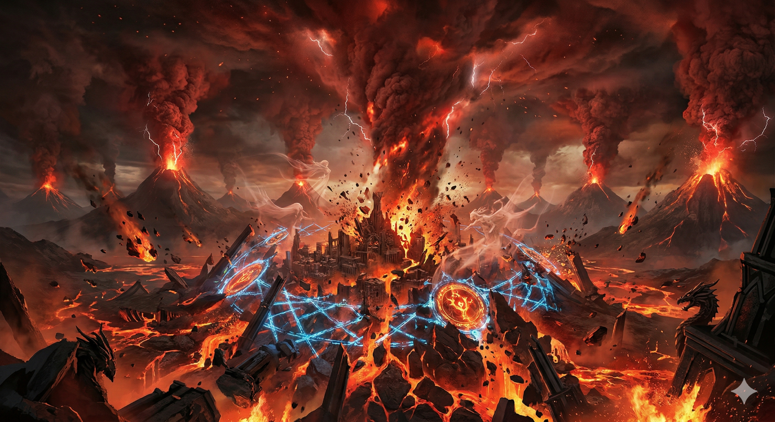 Cinematic visualization of a dynamic, simultaneous multi-volcano eruption in the Doom of Valyria. The image shows the ancient, bio-mechanical city of Valyria disintegrating into ash, fire, and shattered architecture at the center, as the land cracks and sinks under a dark, chaotic, and ash-choked sky, emphasizing recursive geological and magical collapse.