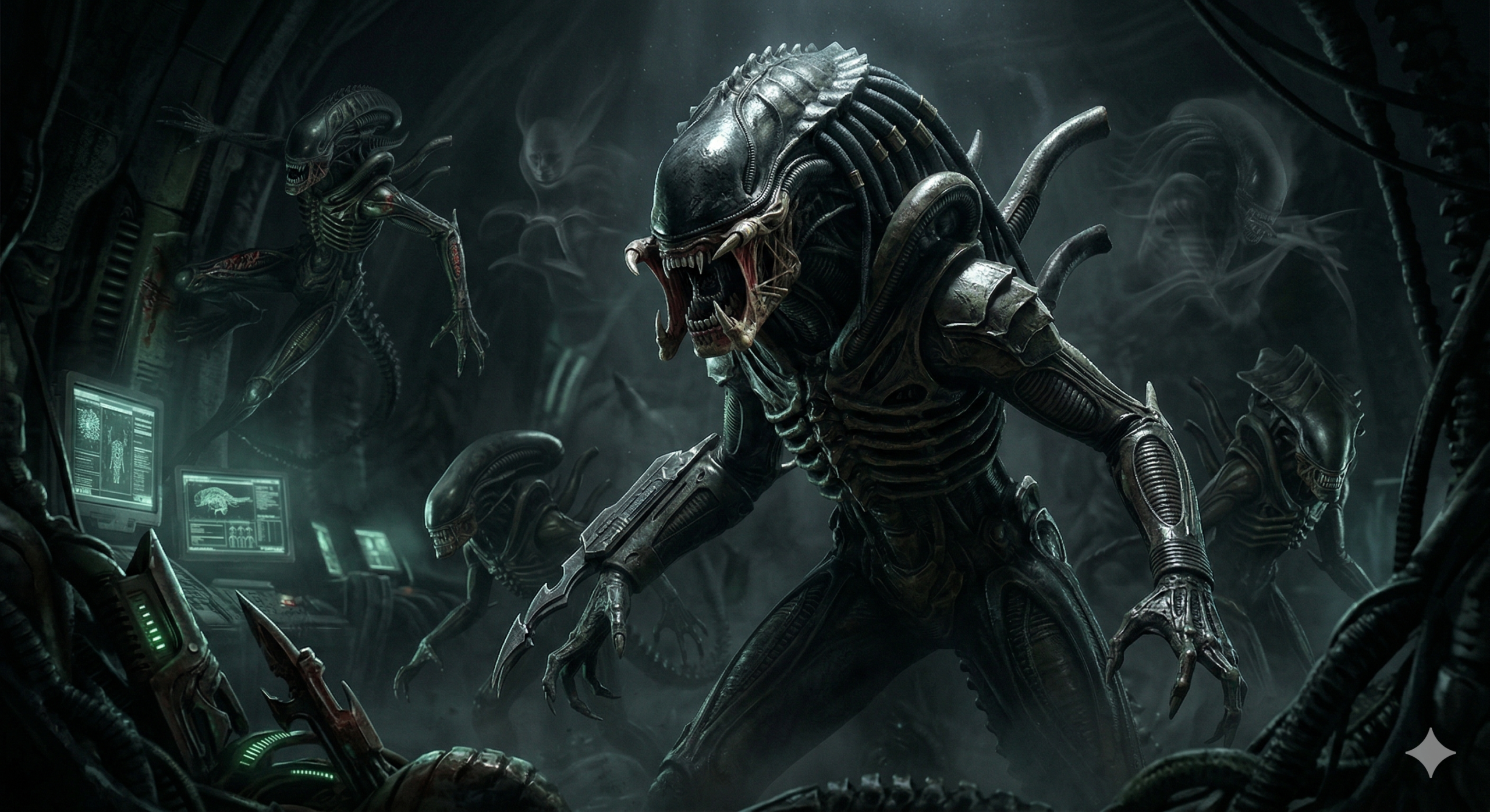 Cinematic Predalien roaring in a Yautja hive, showcasing recursive Xenomorph Evolution.