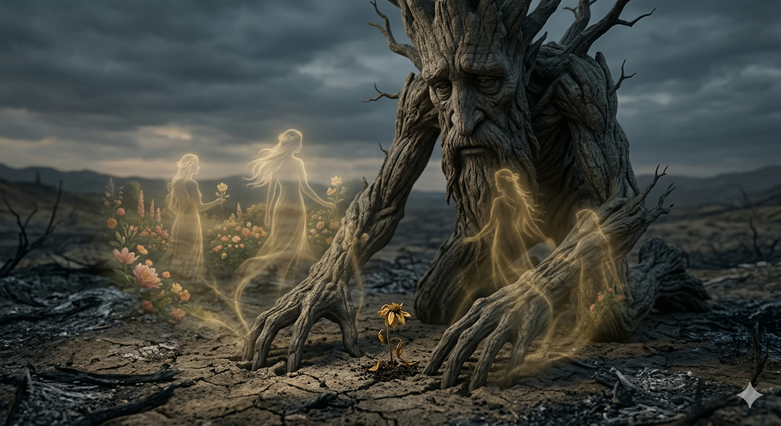 A cinematic visualization of an ancient Ent kneeling in the scorched Brown Lands. Grieving memories of lost Entwives swirl around him.