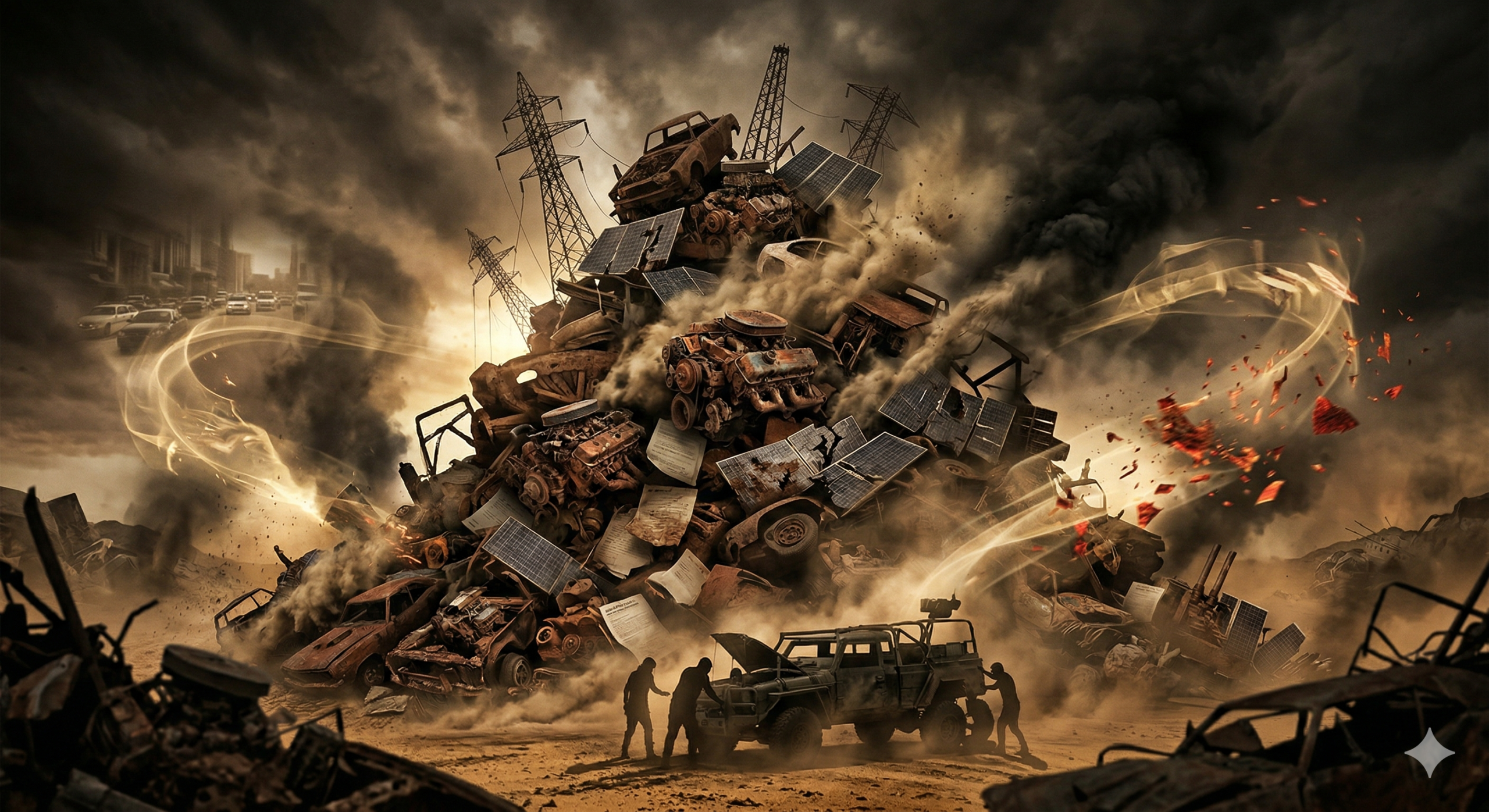 Wrecked cars and scavengers in an apocalyptic desert depicting the Collapse of Civilization.