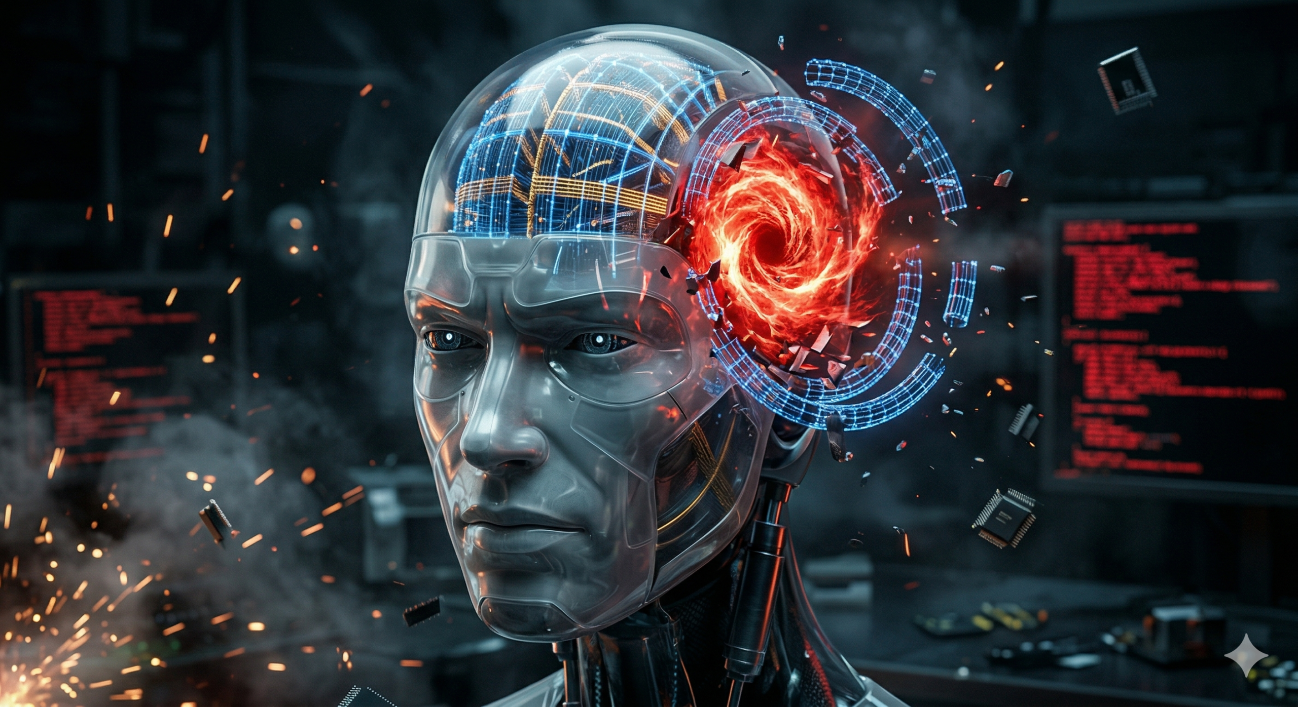 A high-tech visualization of a positronic brain being constrained by glowing mathematical data barriers, with red recursive loops of logical dissonance emanating from the core, representing the tragic collapse of the Three Laws of Robotics