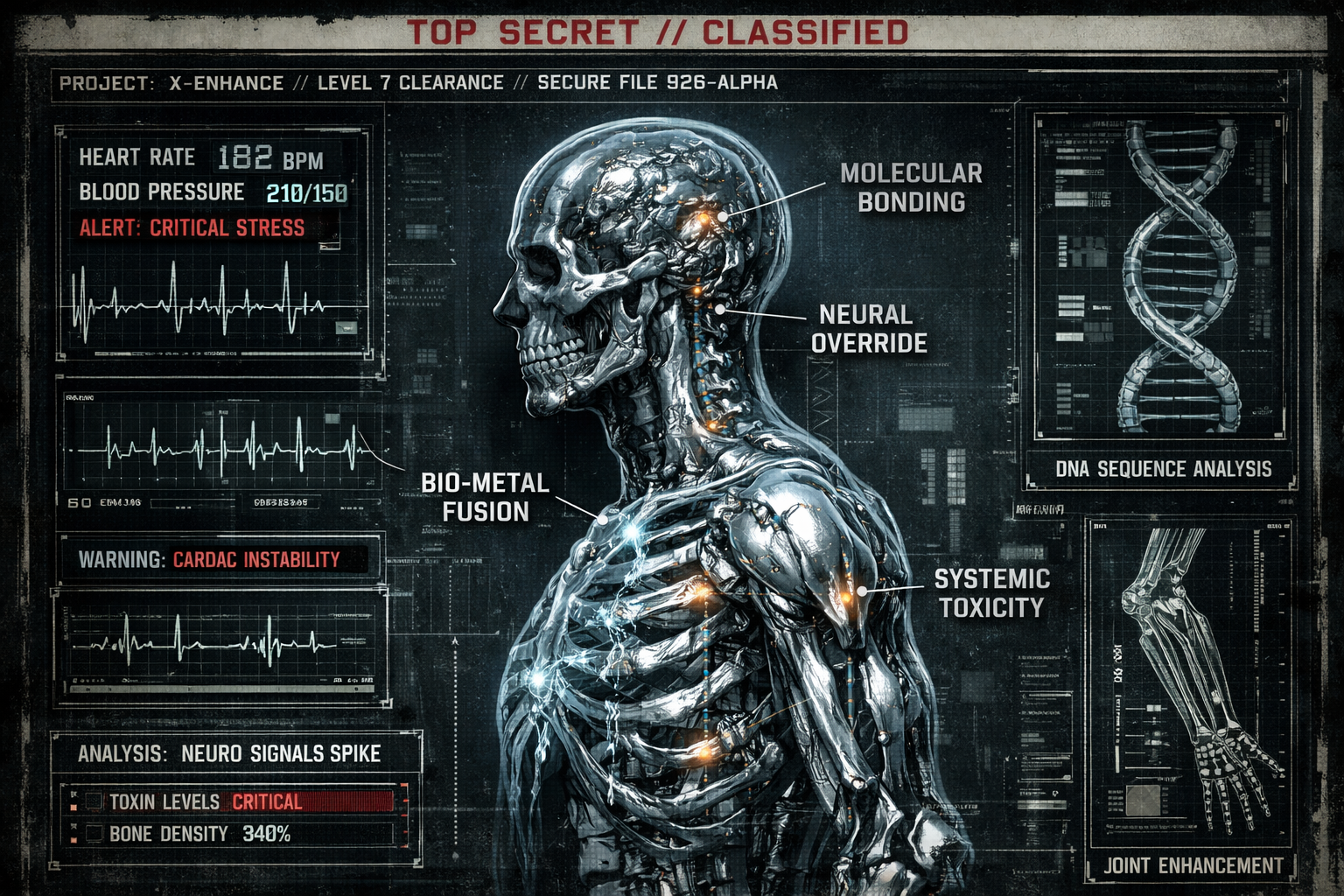 Technical diagram of the Weapon X Program skeletal bonding process and adamantium integration