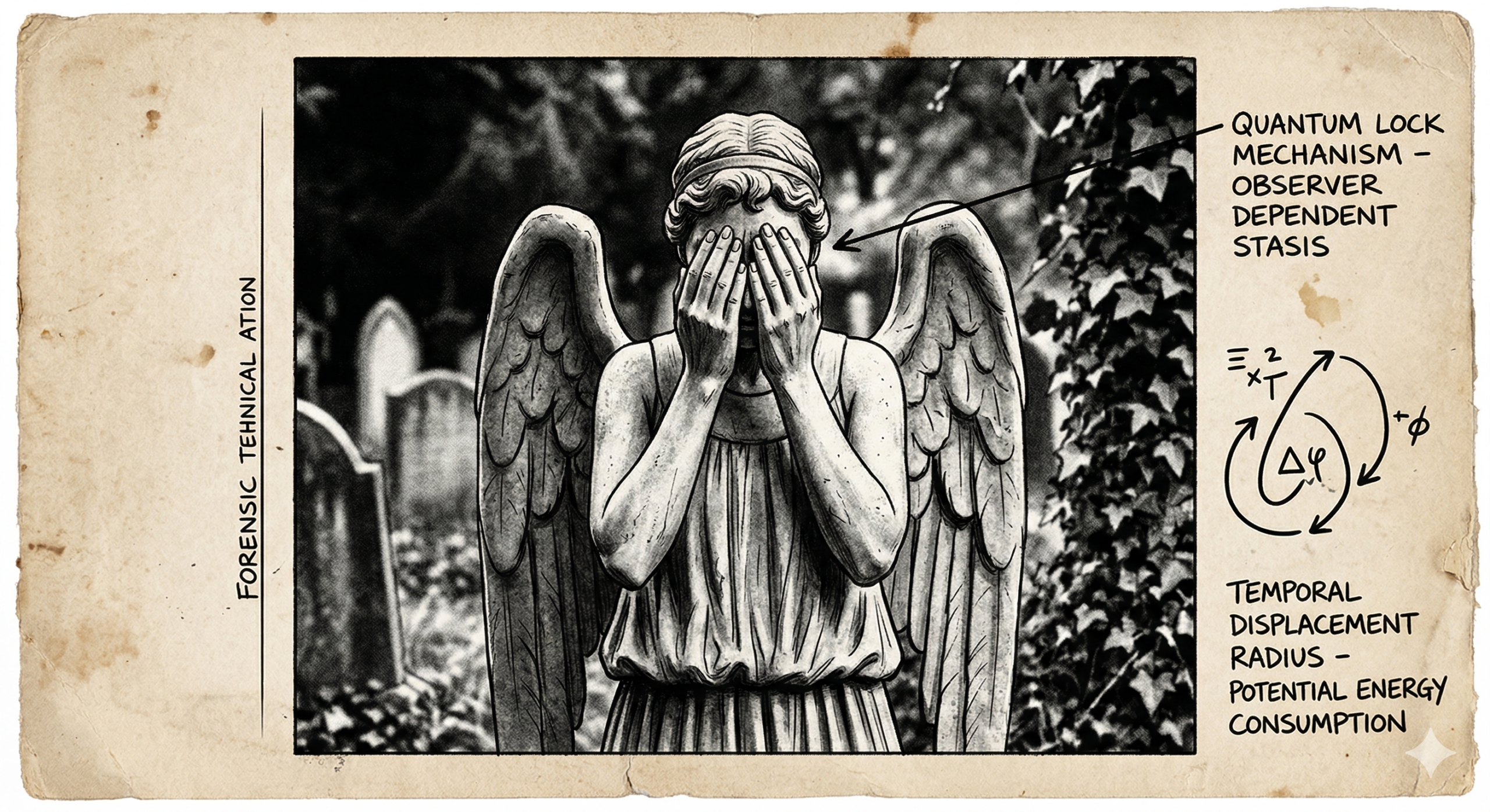 "Forensic technical sketch of a Weeping Angel from Doctor Who Blink Lore, detailing the Quantum Lock and temporal displacement mechanisms."