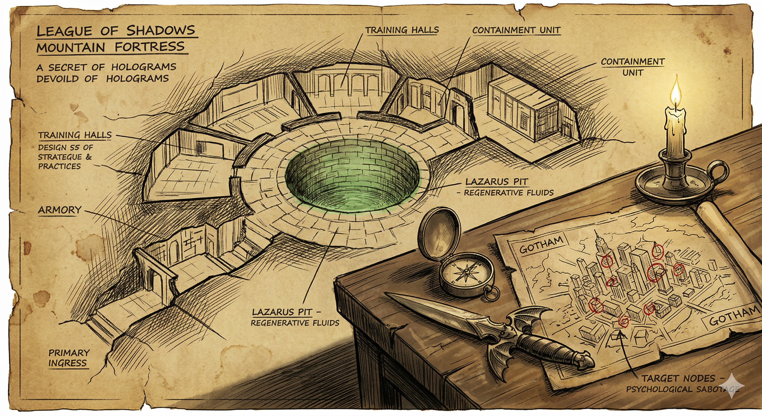 "Dark technical drawing of the League of Shadows Origin fortress, featuring the green Lazarus Pit and ancient architectural plans."