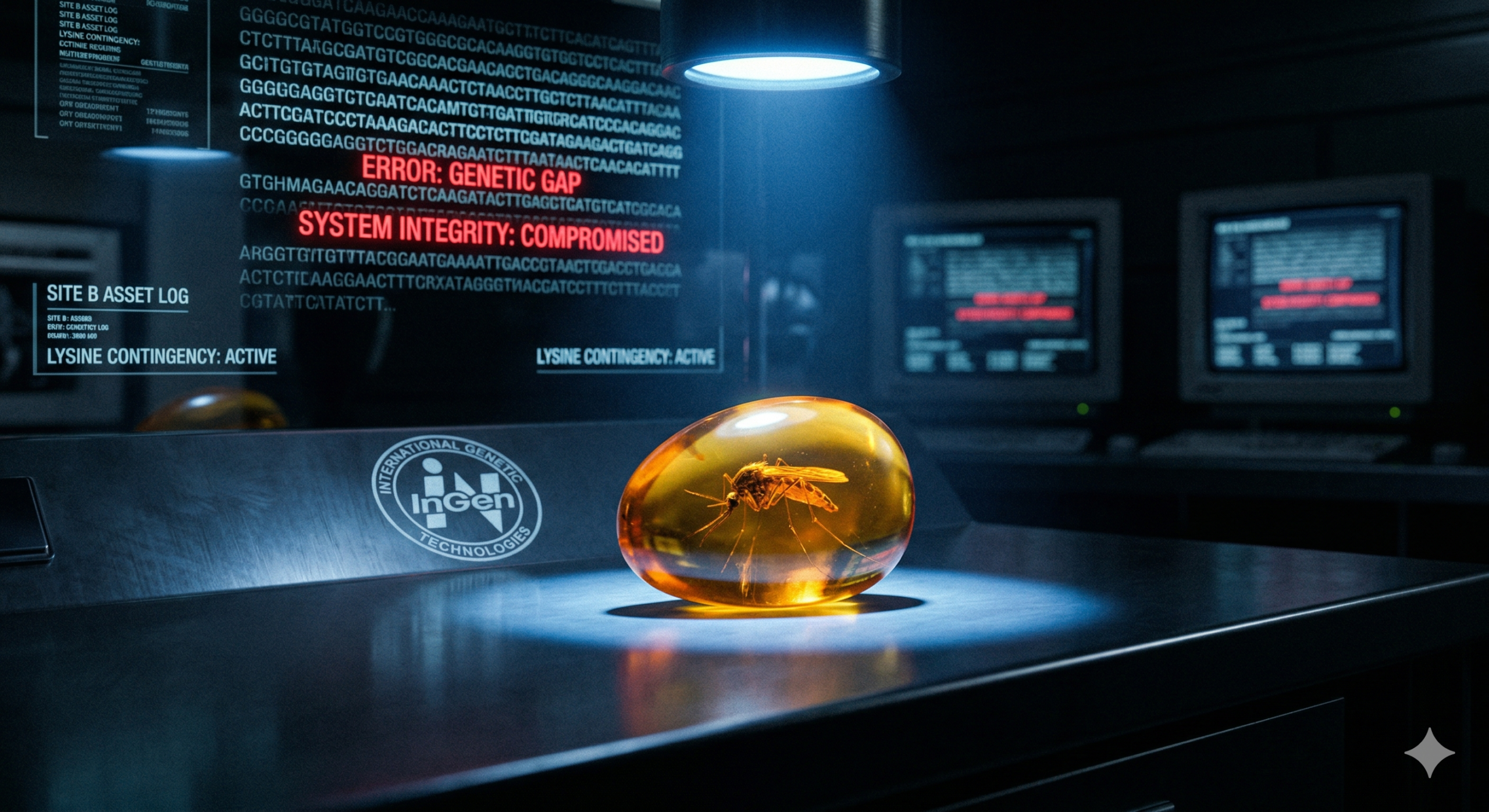 Jurassic Park: The InGen Timeline. visualization of a cracked amber stone containing a mosquito, with the InGen corporate logo reflected on the surface.
