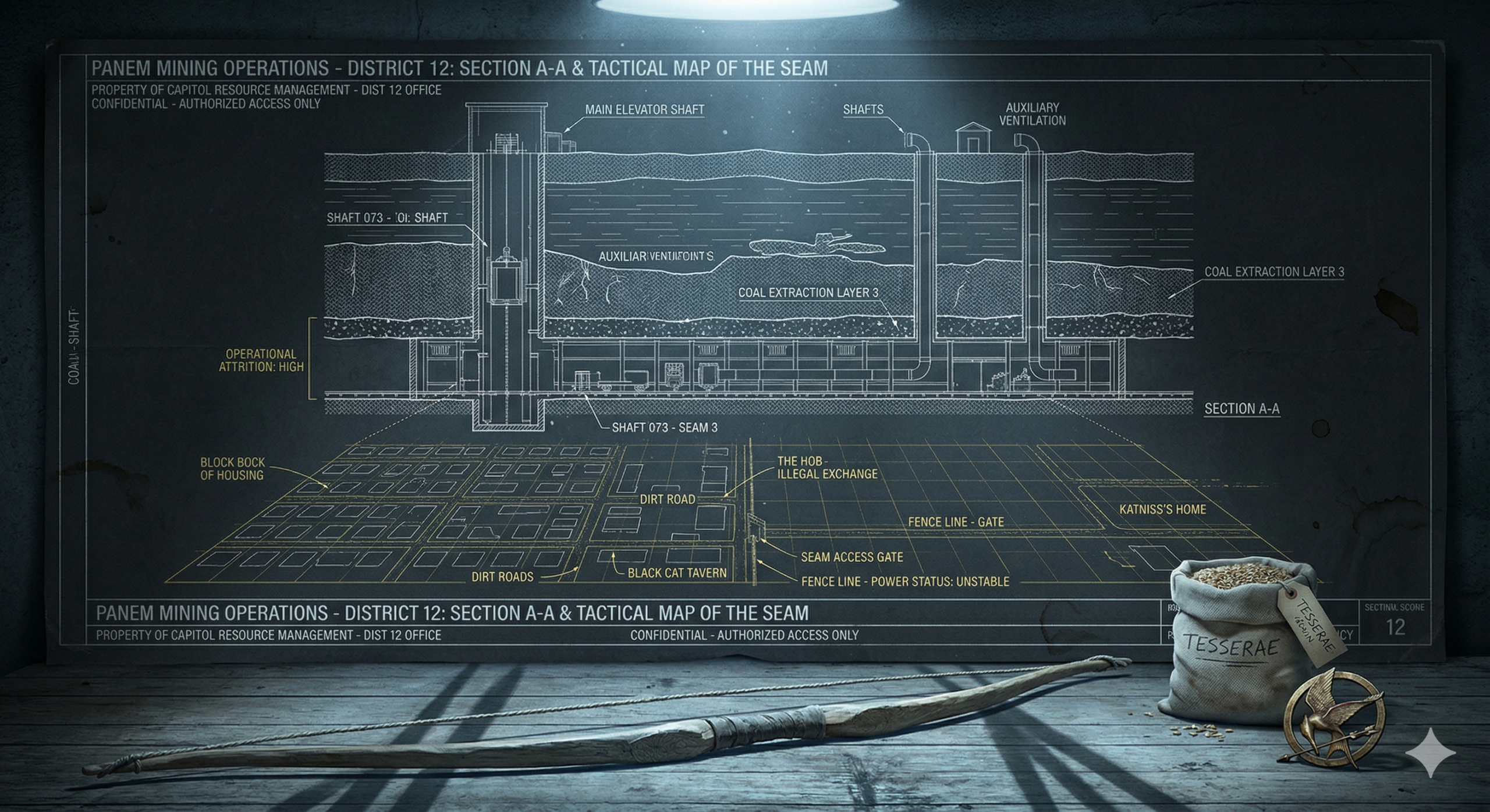 Technical infographic detailing 'Katniss Everdeen: District 12 Struggles' showing the coal mine failures, The Seam map, a wooden bow, and Mockingjay pin.