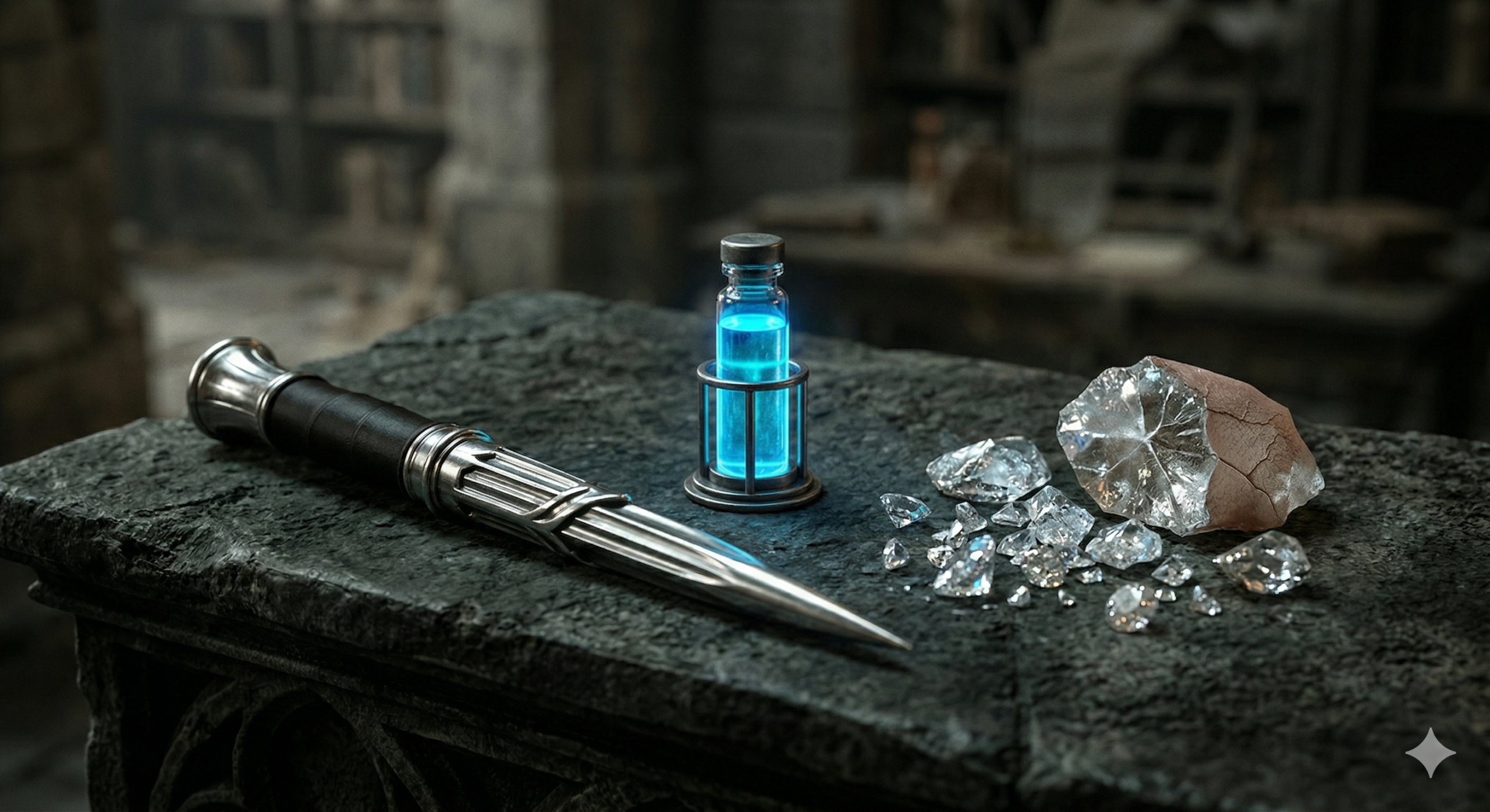 Realistic cinematic visualization of Vampirism Rules: Blade vs Twilight, showing a silver stake, a blue serum vial, and a shattered crystalline fragment.