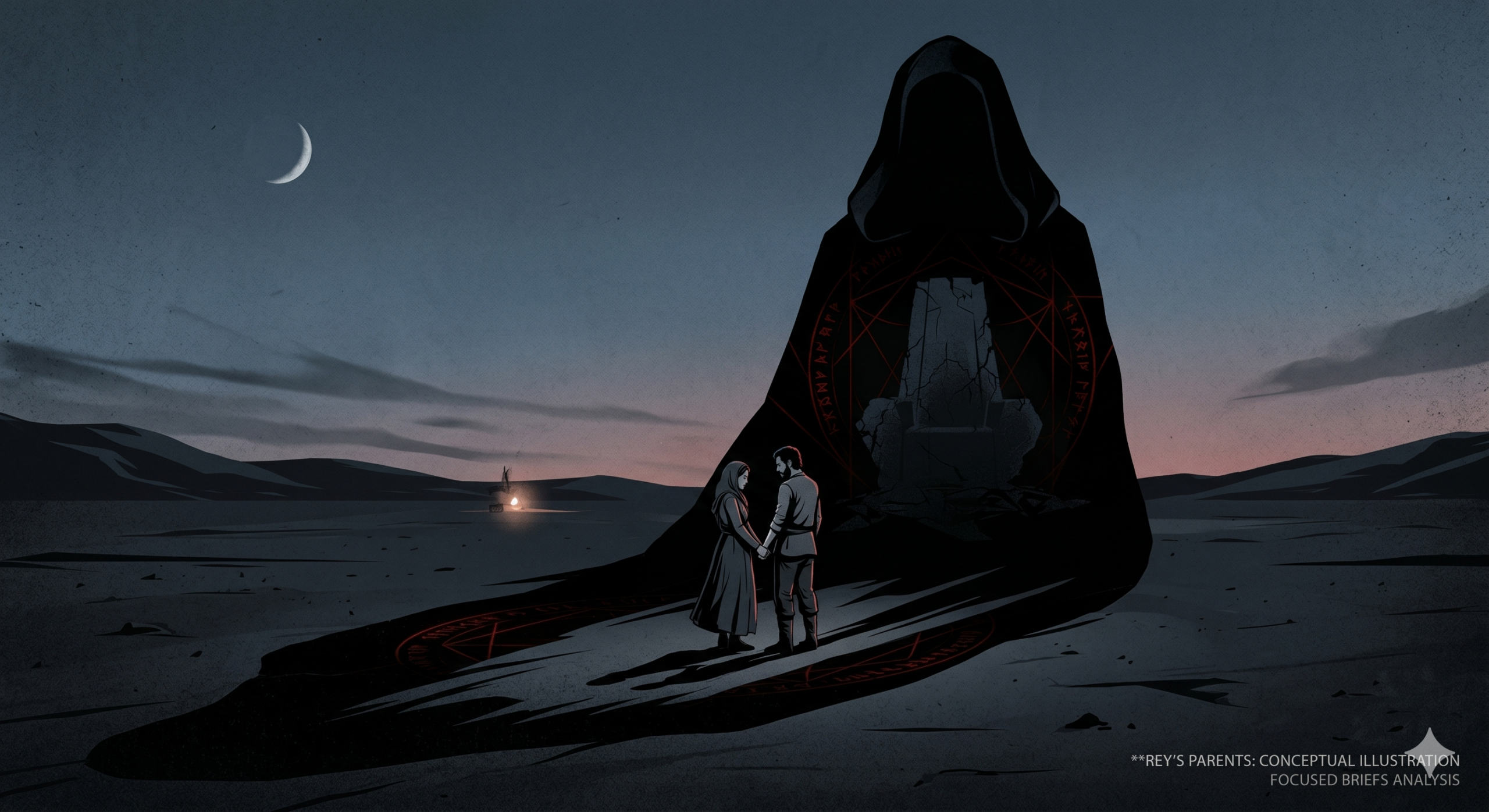 Conceptual illustration of Rey's parents and the shadow of the Sith lineage