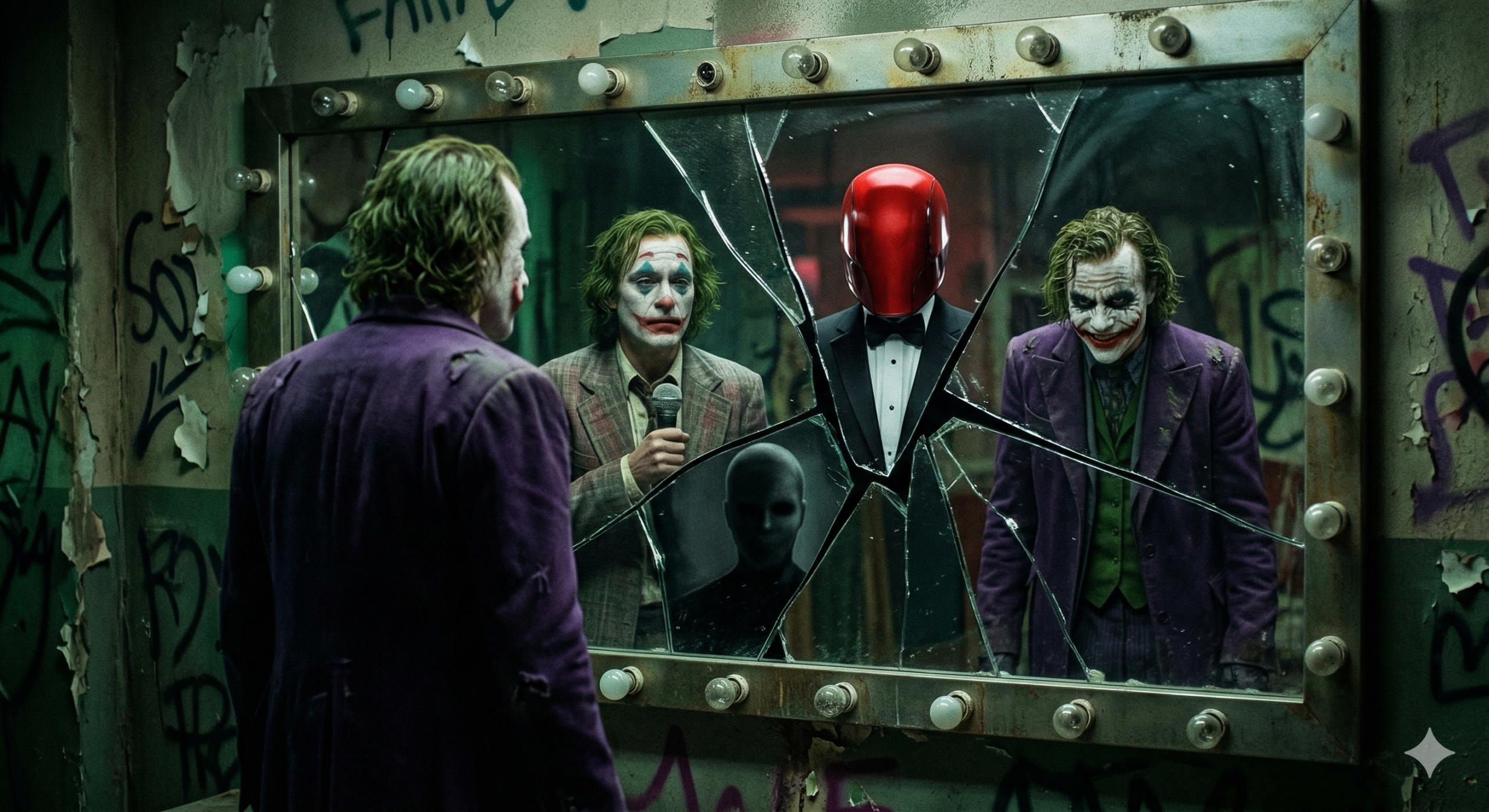 Realistic cinematic visualization of a cracked mirror reflecting multiple versions of the Joker, illustrating The Joker: Multiple Choice Past Theory.