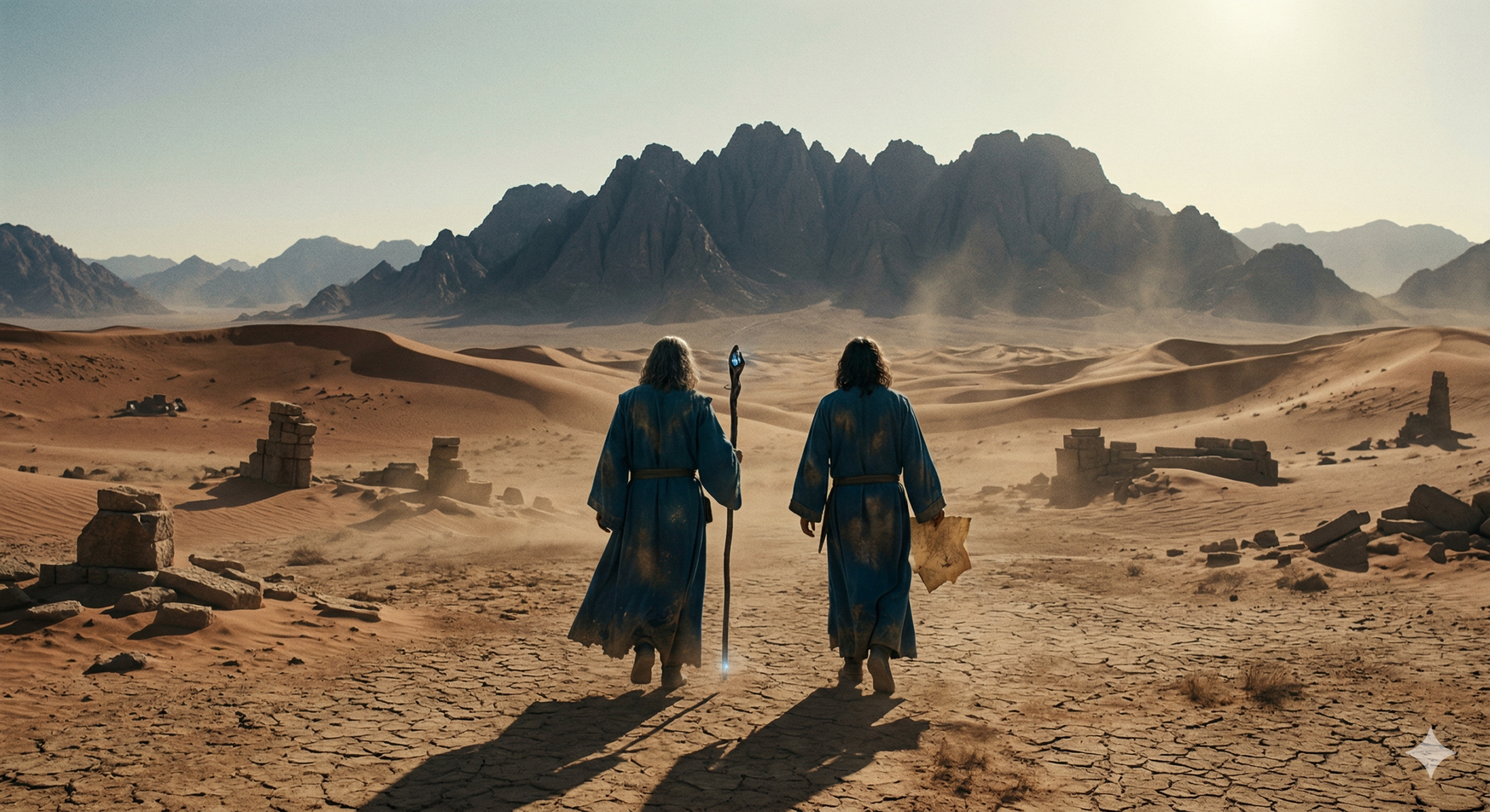 Realistic cinematic visualization of two wizards in sea-blue robes walking into the vast deserts of the East, illustrating What Happened to the Blue Wizards?