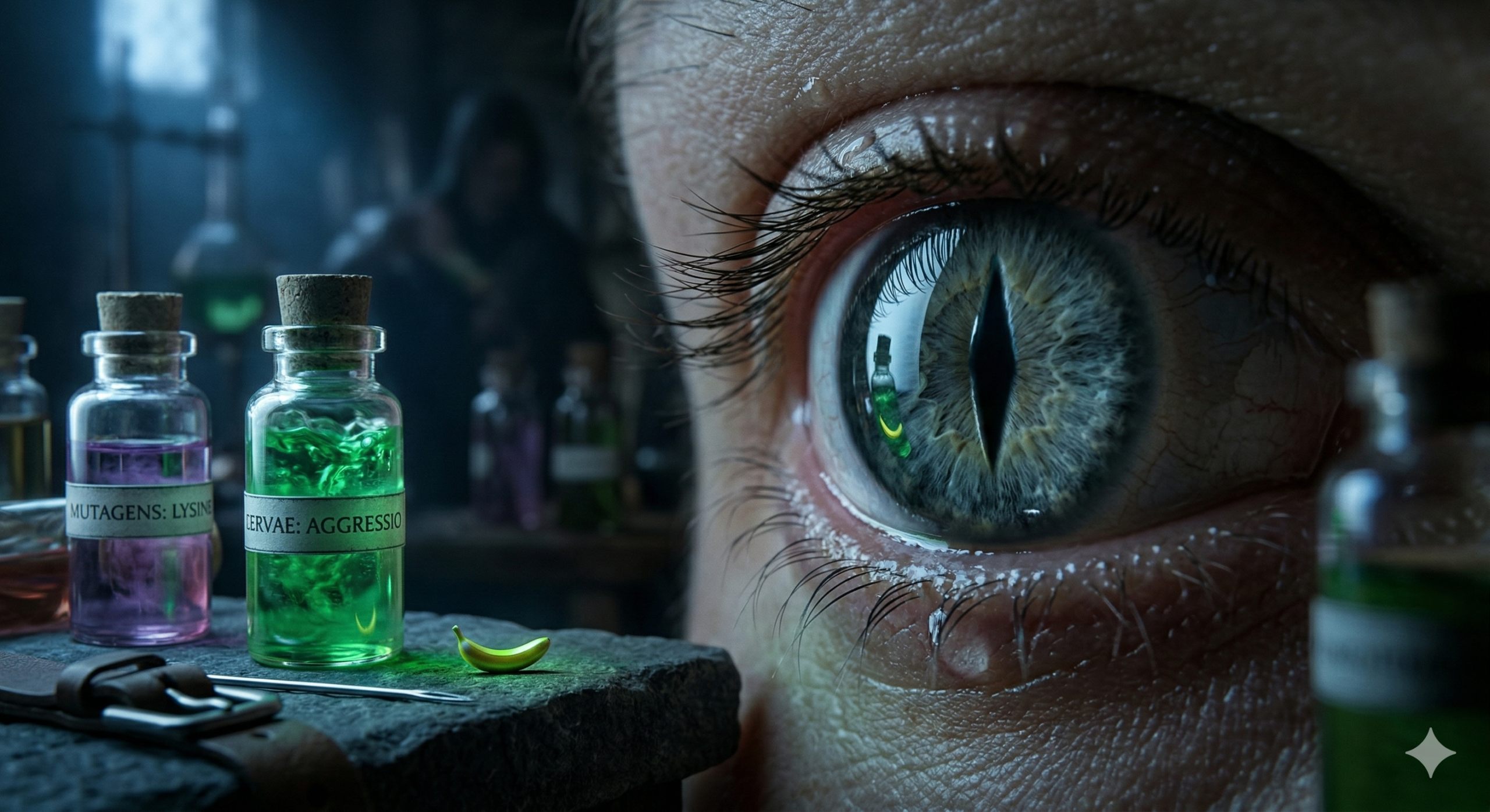 Geralt of Rivia: The Trial of Grasses, Cinematic technical visualization of a Witcher's dilated eye and an alchemical vial of mutagens on a stone table.