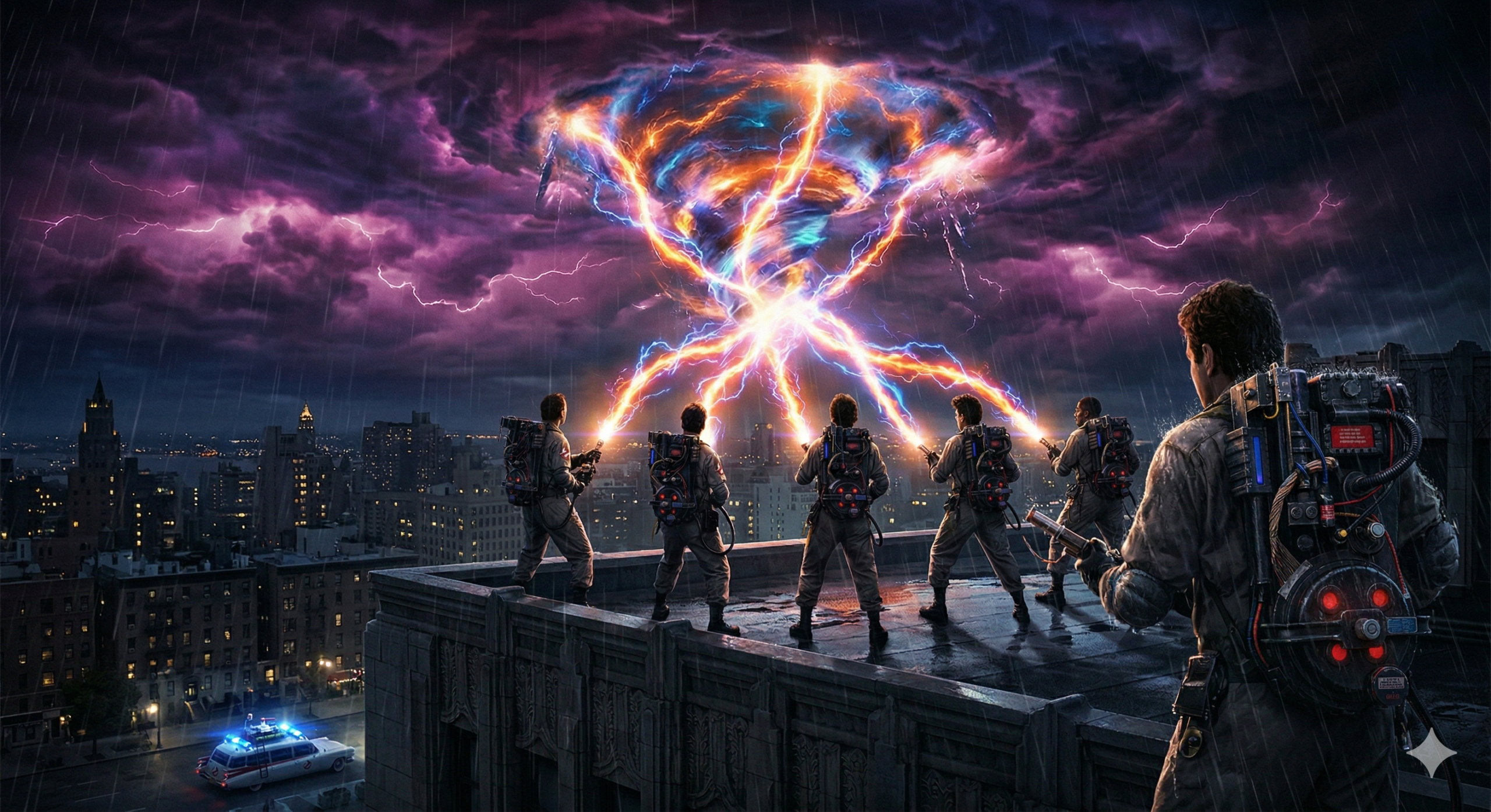 Ghostbusters Timeline Explained: The four original Ghostbusters in their full 1984 gear fighting Gozer on the rooftop, creating the Manhattan Incident