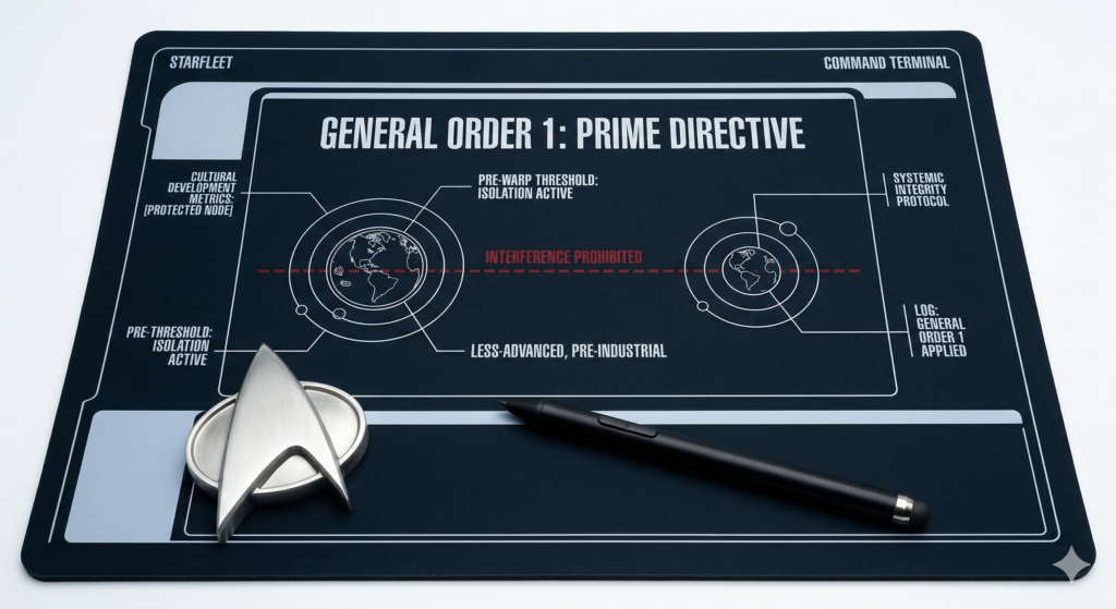 "Technical blueprint of Starfleet General Order 1, the Prime Directive, illustrating the non-interference protocols between planetary systems."