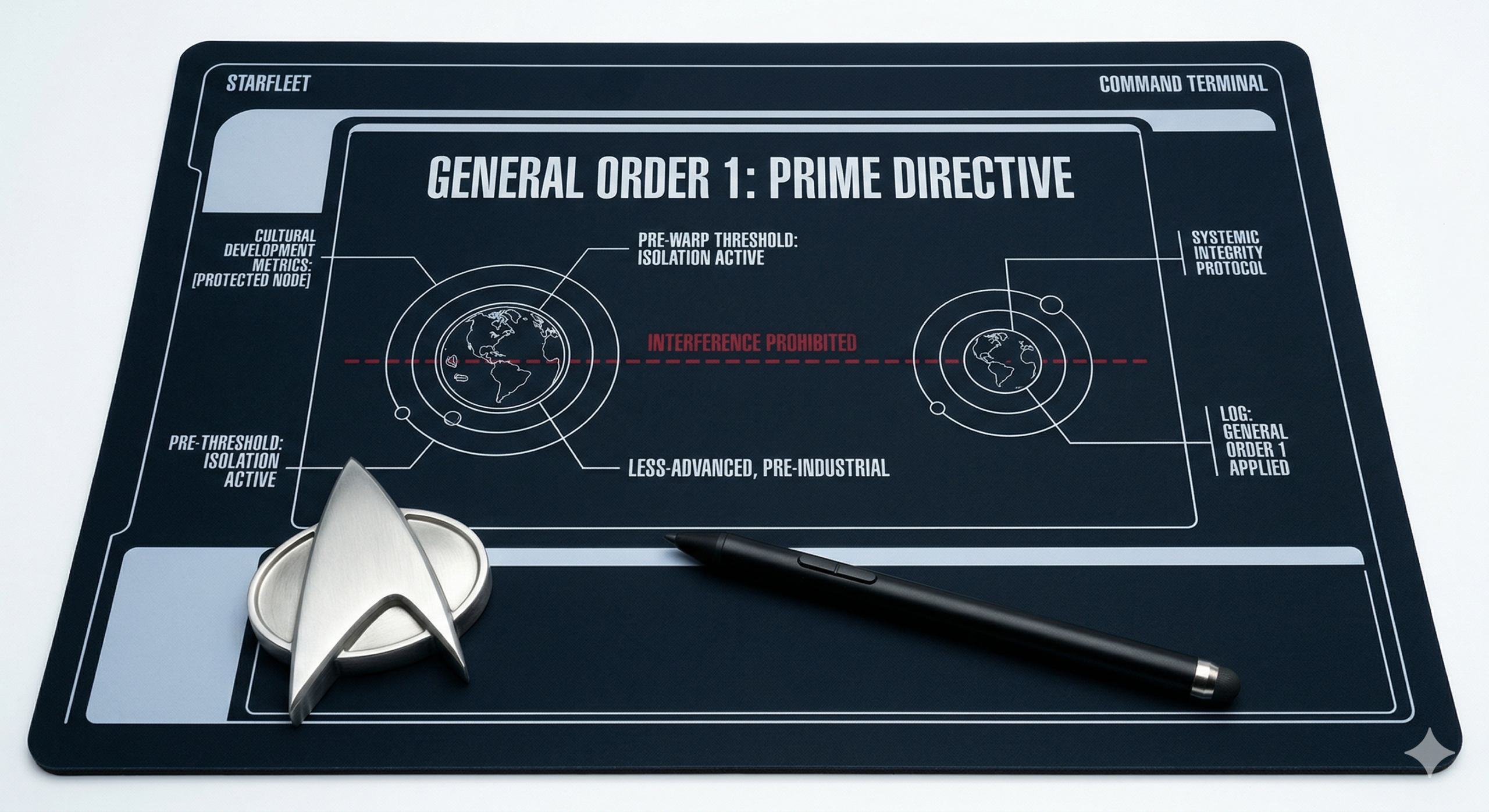 "Technical blueprint of Starfleet General Order 1, the Prime Directive, illustrating the non-interference protocols between planetary systems."