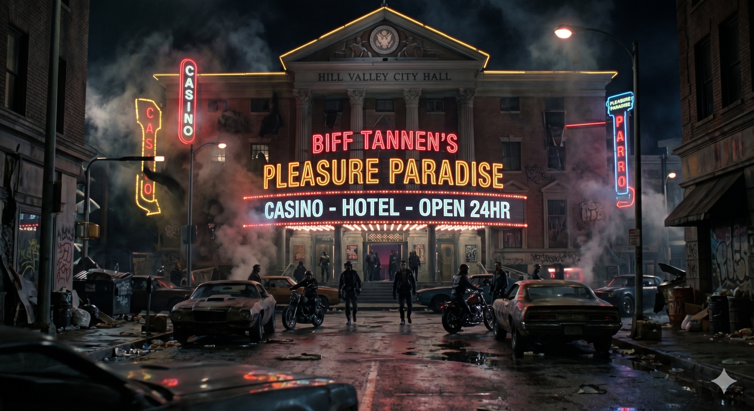 Cinematic wide shot of Biff Tannen's Pleasure Paradise Casino in the Alternate 1985, showing the dystopian architecture of Hill Valley City Hall with glowing neon signs and 1980s muscle cars.