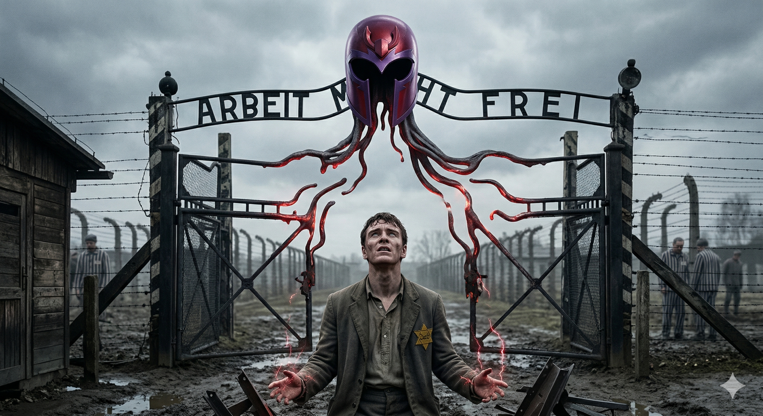 Magneto: From Auschwitz to Brotherhood - Young Erik Lehnsherr bending the iron gates of the concentration camp, symbolizing the birth of his power.