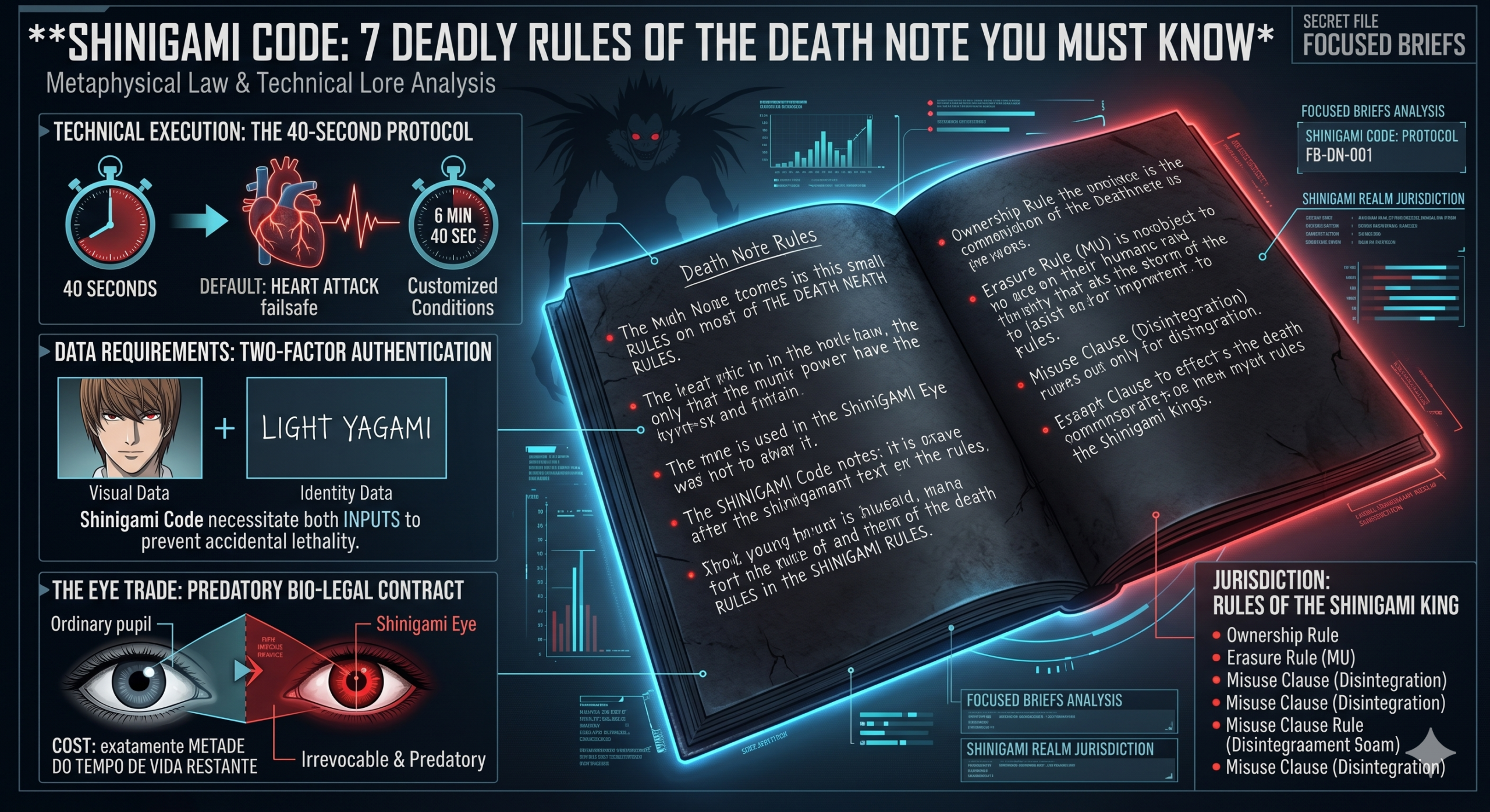 Analytical infographic and technical diagram illustrating the 7 deadly rules of the Death Note Shinigami Code, including the 40-second protocol and the Eye Trade contract, set against a dark background with a Shinigami silhouette.