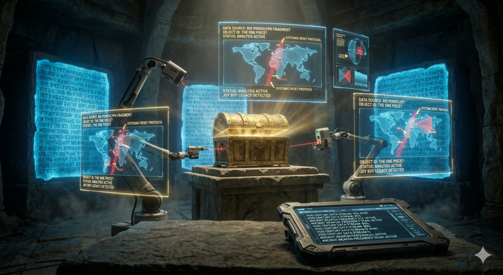 "Technical archive visualization of What is the One Piece, featuring ancient Poneglyphs and holographic world-restructuring data."