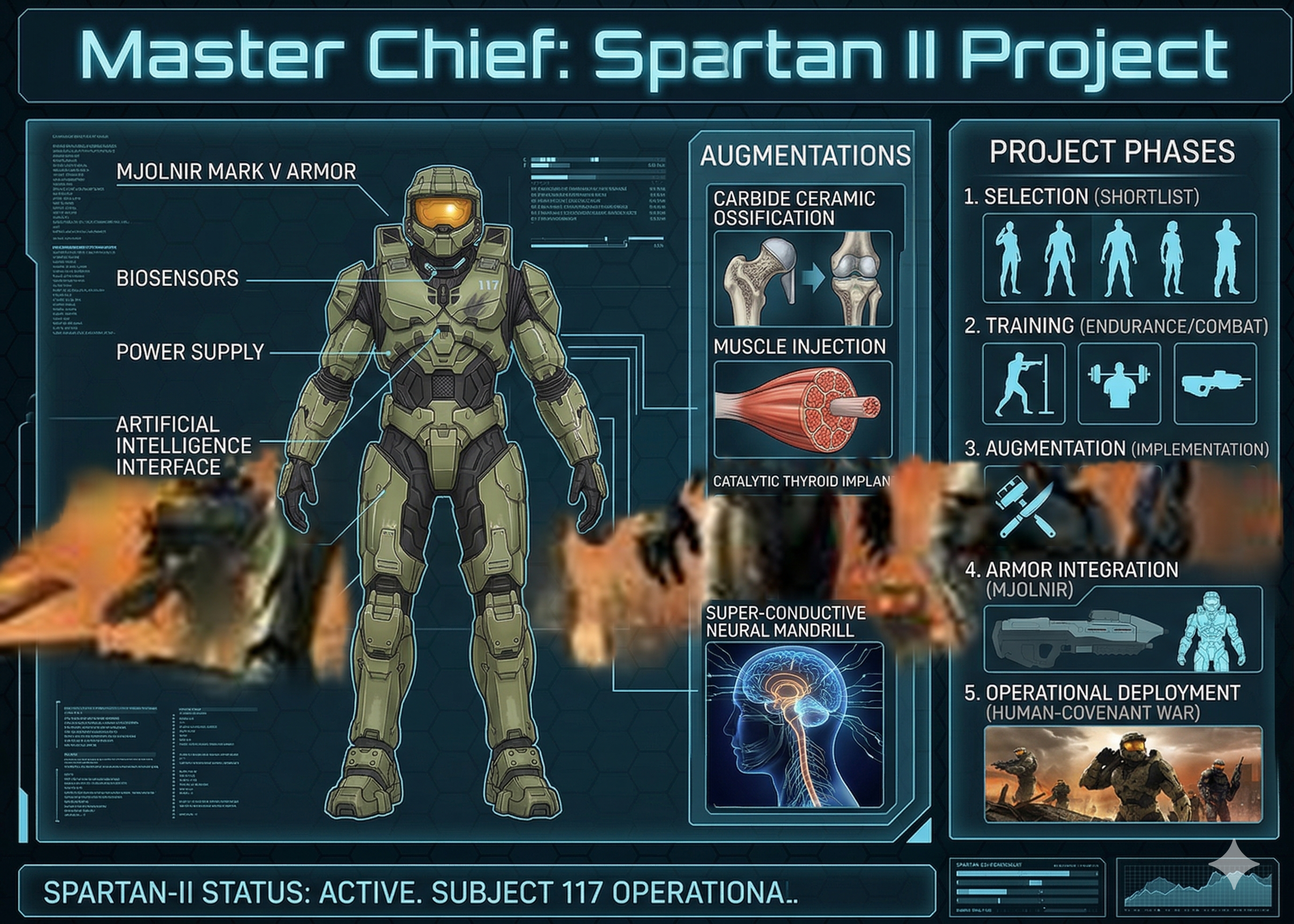 Technical blueprint of Master Chief illustrating the Spartan II Project biological augmentations and MJOLNIR armor neural integration."