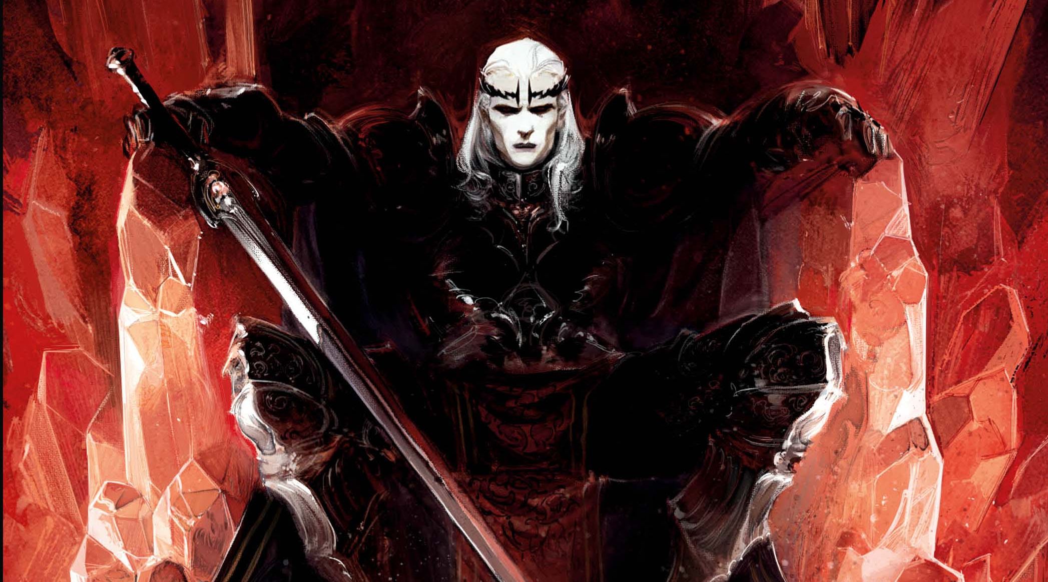 Cinematic wide shot of Elric of Melniboné, the White Wolf, sitting on the Ruby Throne. He has long white hair, wears black dragon-scale armor with a red cape, and holds the sentient black sword Stormbringer, which glows with purple runes and dark energy.